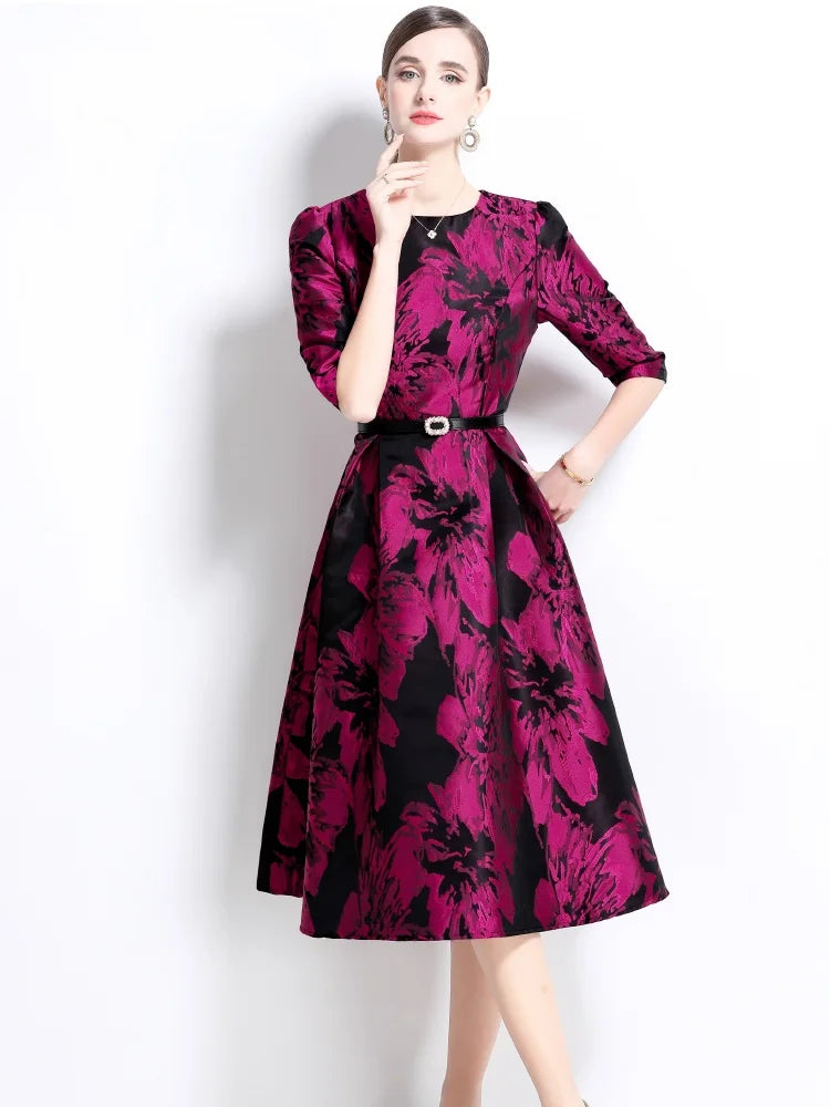 New Spring French Temperament Elegant Jacquard Exquisite Dress Women's O-Neck Half Sleeve Slim Waist Dresses